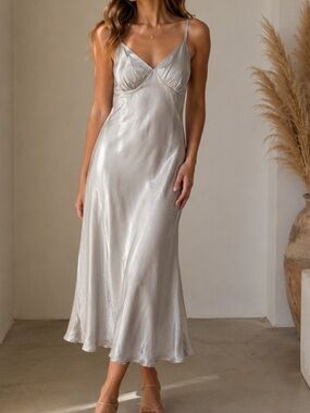 Target Wild Fab Silver Satin Slip Midi Dress with Spaghetti Straps